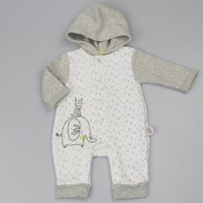 WF1726: Baby Grey Print Melange Fleece Hooded All In One (0-9 Months)